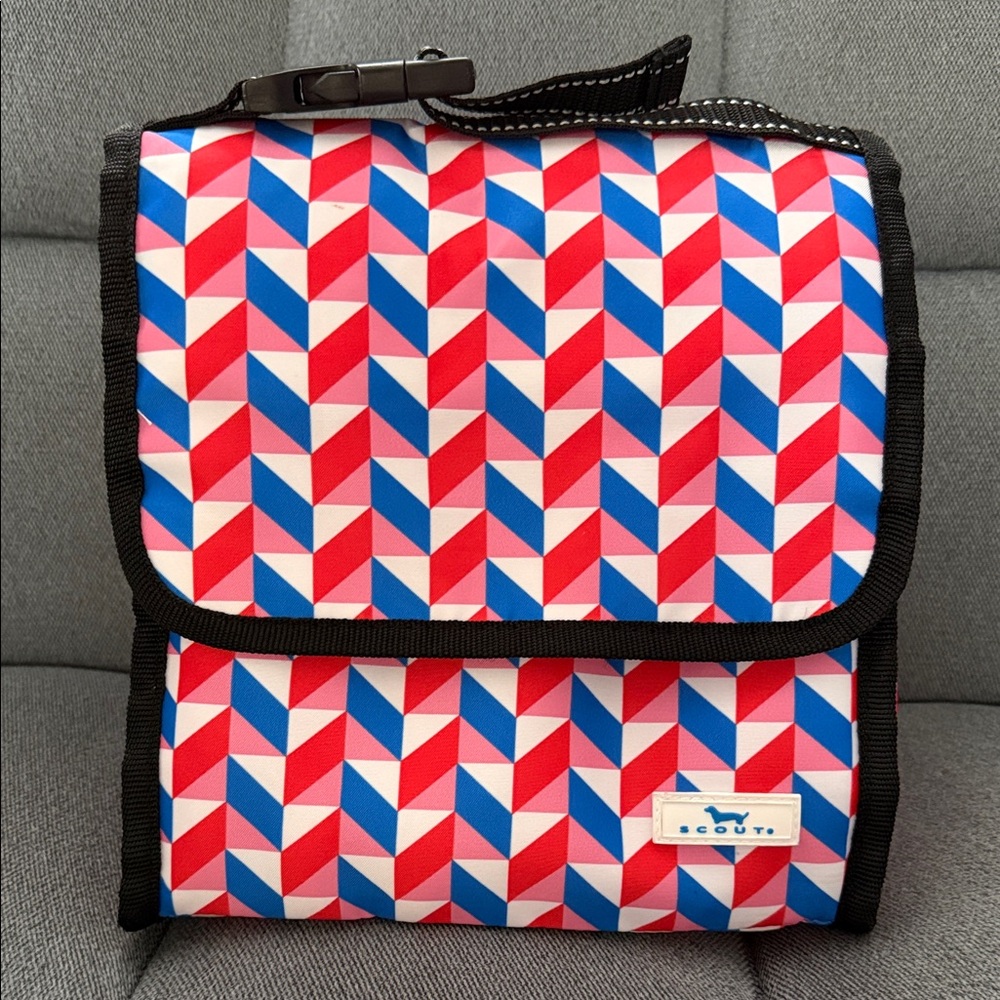 SCOUT Red, Pink, Whute and Blue Geometric Fold Down Lunch Bag w/Black Trim